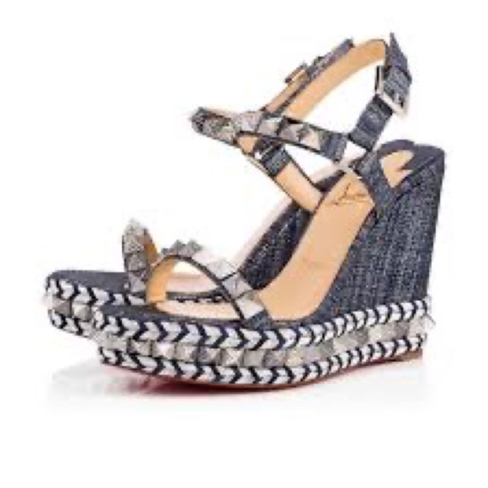 NIB NWT Christian Louboutin Paris Pyraclou Studded Platform Wedge in Denim